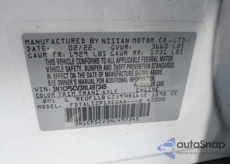 2022 Nissan Kicks Sv Xtronic Cvt из США, поврежденный, VIN 3N1CP5CV3NL497345